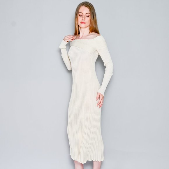 GIA STUDIOS Off-the-Shoulder Ribbed-Knit Midi Dress Cream Sz 38 - Picture 7 of 8